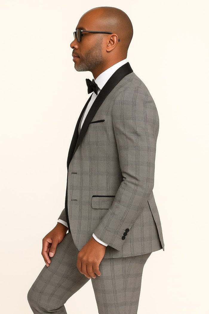 Men's Black and White Plaid Tuxedo â€“ 3 Piece Suit with Black Velvet Shawl Lapel - Gray Glein Tartan Pattern Wedding Suit