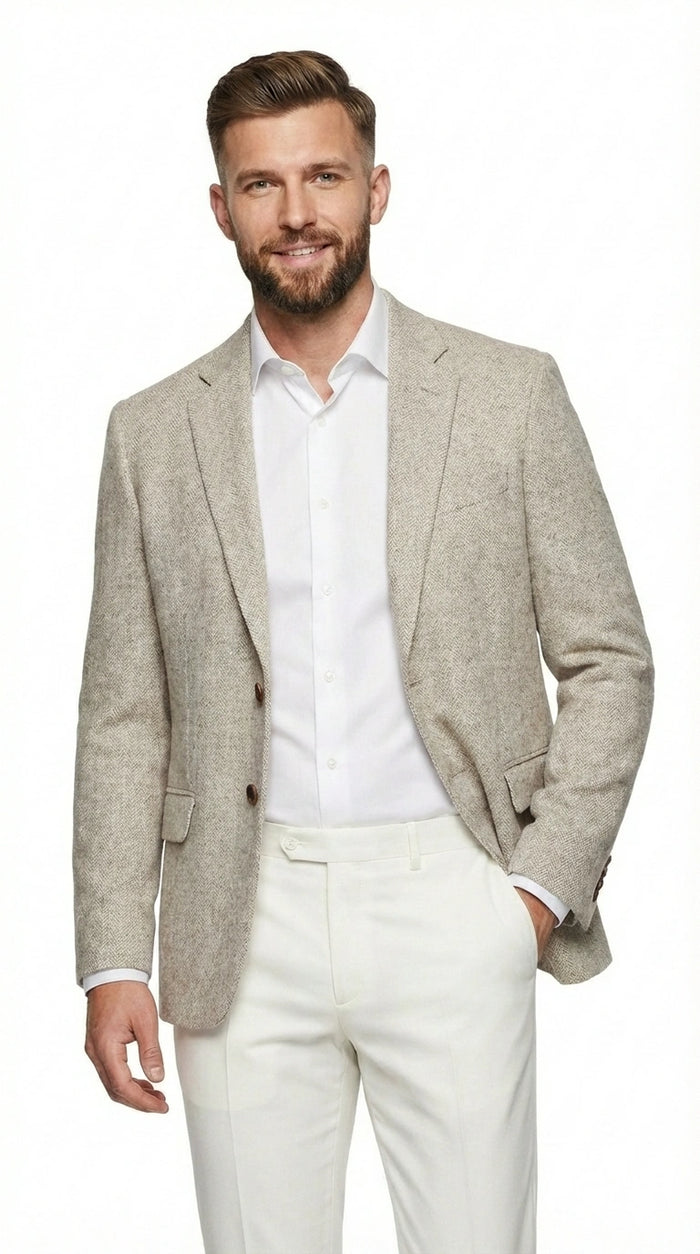 Men’s Light Tan Tweed Blazer – Classic Herringbone Sport Coat, Beige Casual Formal Jacket, Vintage Style Business & Smart Casual Wear