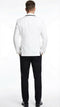 Men's white blazer with black trim & tailored shape. Features visible seams, single back vent. Paired with black trousers for a formal, structured look and contrast.
