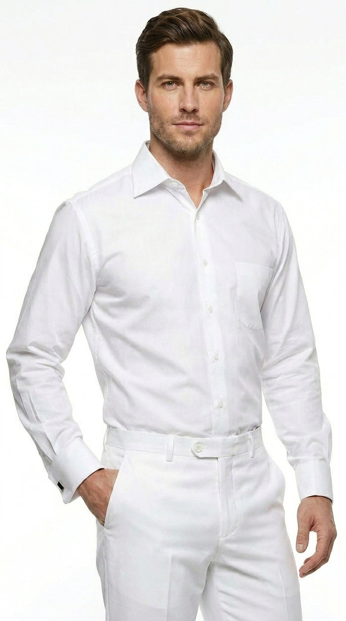 Men’s White Groomsmen Dress Shirt with Spread Collar, Long Sleeve Wedding Formal Shirt