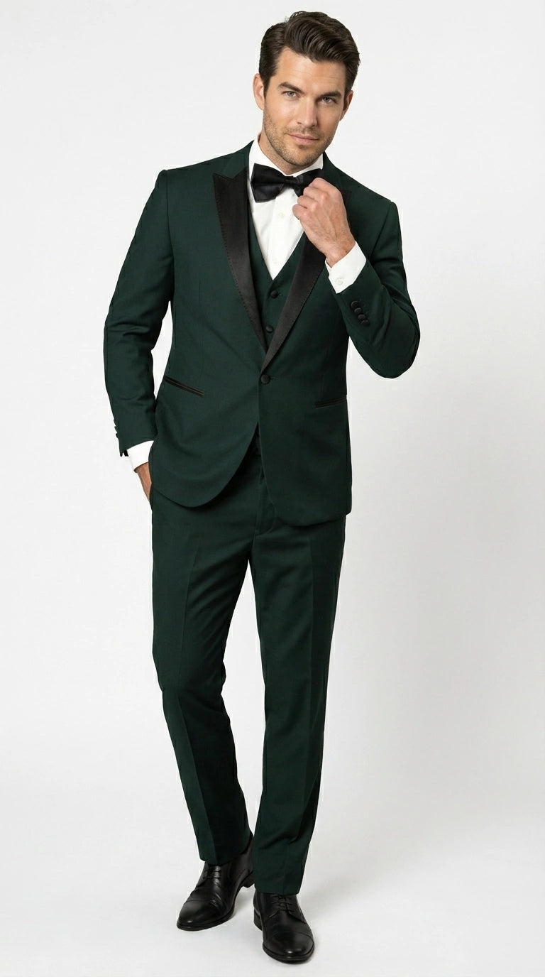 Men’s Hunter Green Tuxedo Suit 3 Piece – One Button Peak Lapel Designer Formal Suit for Wedding,  Light Weight Wool By Statement Dark Green