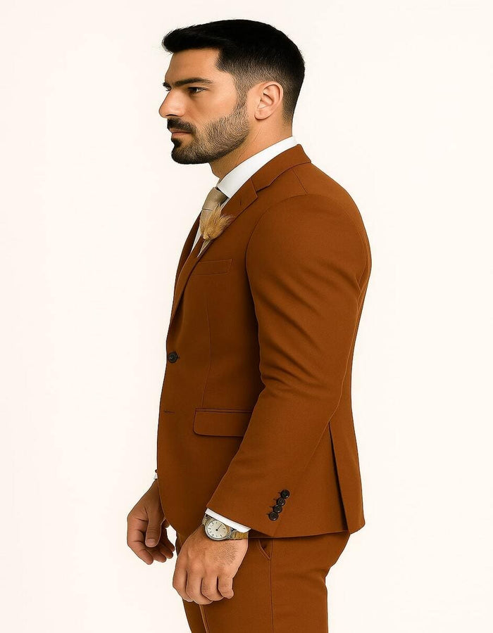 Mens Rust Brown Wedding Suit - Modern Slim Fit Groom Suit for Fall Outdoor Ceremonies
