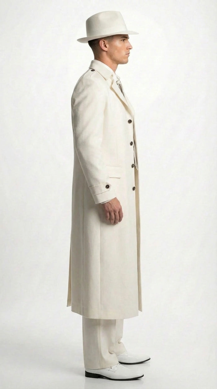 Men’s Ivory Cream Off White  Full Length Zoot Suit – Vintage Gangster Style Long Coat Formal Suit