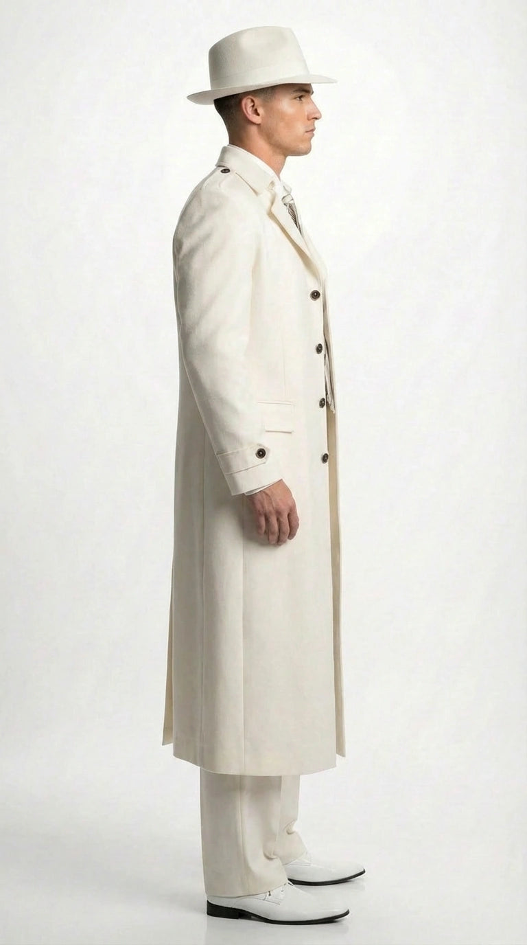 Men’s Ivory Cream Off White  Full Length Zoot Suit – Vintage Gangster Style Long Coat Formal Suit