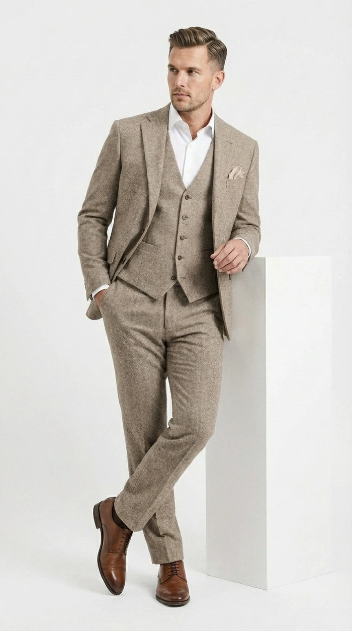 Men’s Light Beige Herringbone Tweed Suit with Vest – Classic Three Piece Formal Suit, Vintage Business Wedding Outfit, Elegant Smart Casual Wear