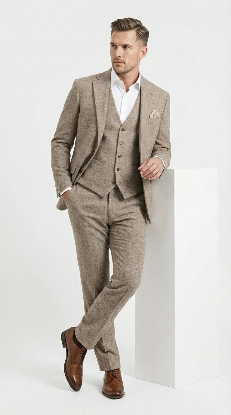 Men’s Light Beige Herringbone Tweed Suit with Vest – Classic Three Piece Formal Suit, Vintage Business Wedding Outfit, Elegant Smart Casual Wear