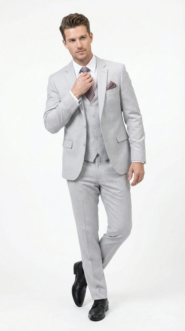 Men’s Light Grey Sharkskin 3 Piece Suit – Two Button Vested Modern Formal Business Suit for Wedding in silver Ice Gray