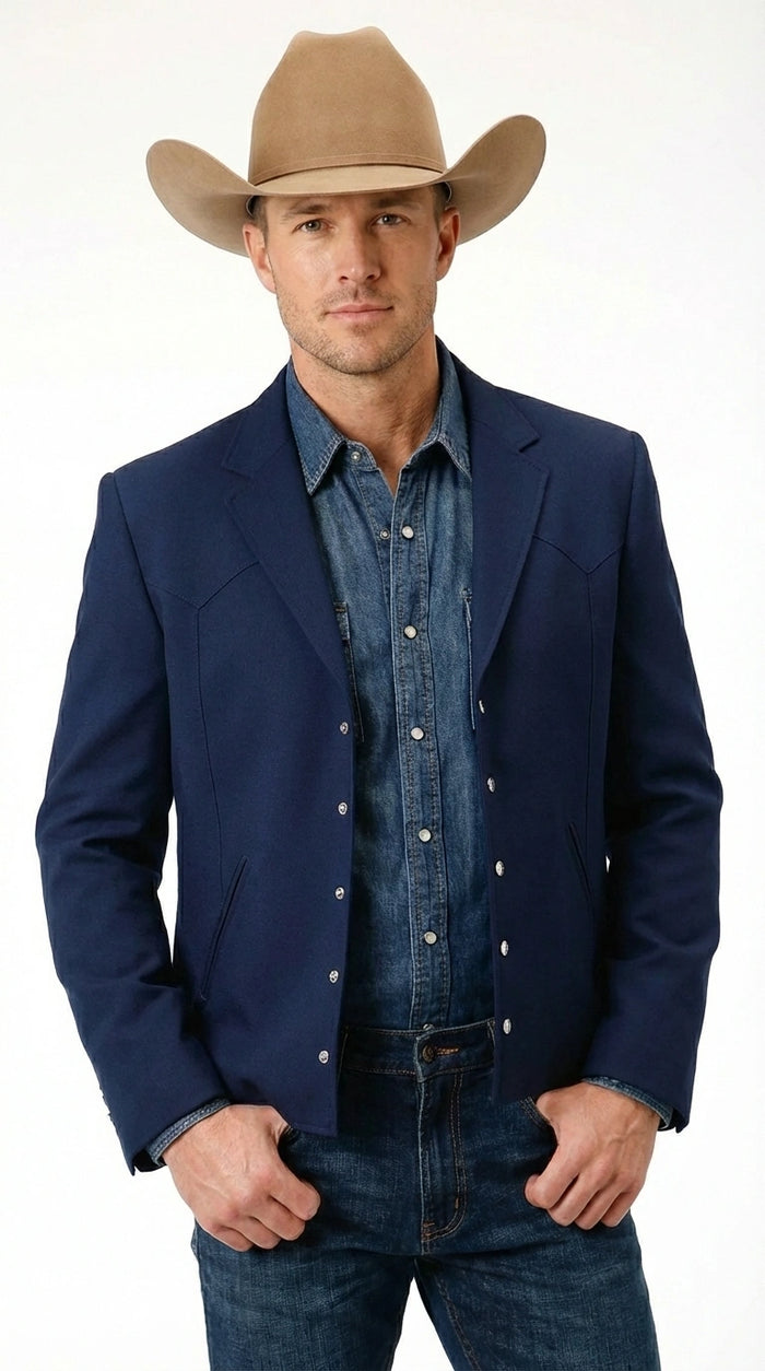 Mens Navy Blue Western Blazer Set – Cowboy Style Jacket and Pants Outfit Classic Country Western Blazer