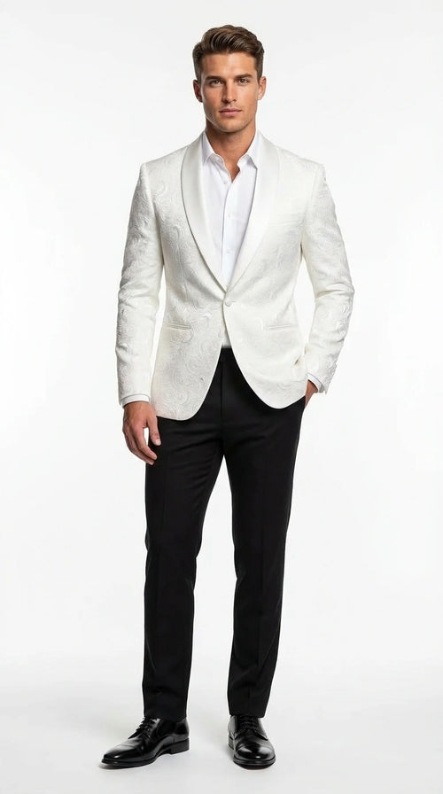 Men’s White Paisley Disco Blazer 1980s Style Jacket – Shawl Lapel Formal Party Blazer, Elegant Masquerade Club Wear, Stylish Evening Outfit