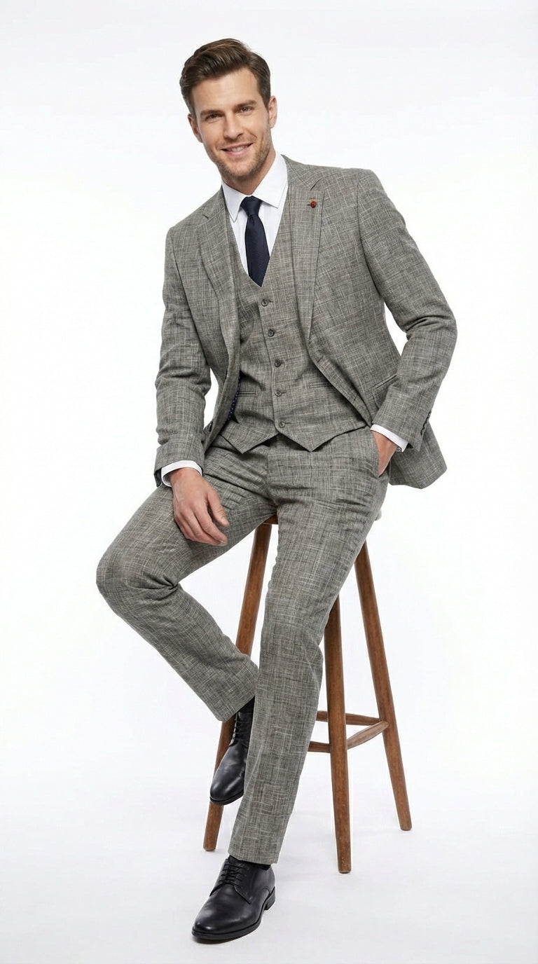 Vitali Brand Men’s Grey Textured Patterned 3 Piece Suit – Modern Fit Checkered Sharkskin with Blazer, Vest & Trousers, Business Wedding