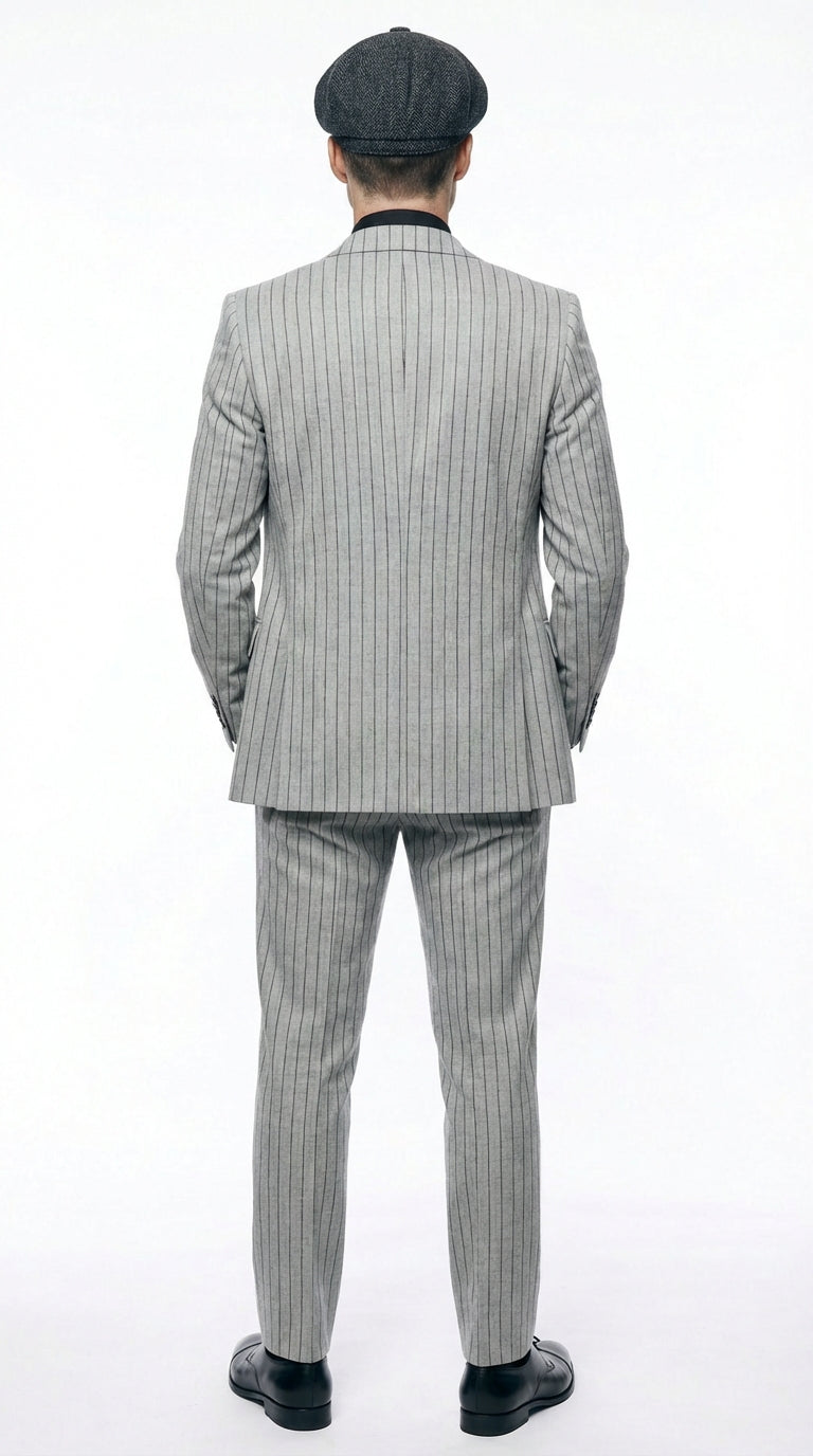Men's Light Gray Pinstripe 3 Piece Suit – Peaky Blinders Inspired Vintage Gangster Style Formal Suit