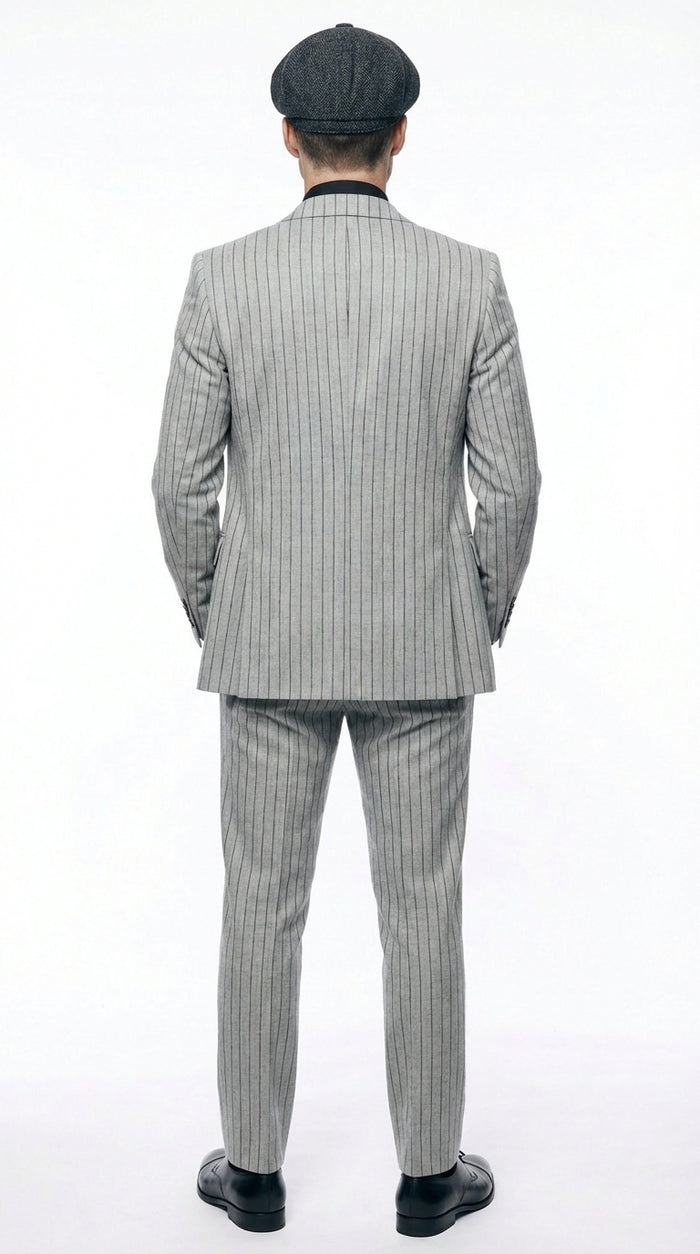Men's Light Gray Pinstripe 3 Piece Suit – Peaky Blinders Inspired Vintage Gangster Style Formal Suit