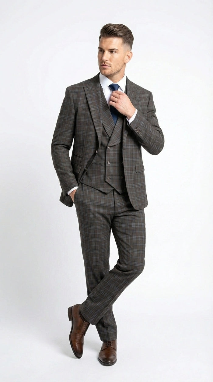 Vitali Men’s Brown Grey with blue Check 3 Piece Suit – Classic Plaid Formal Suit Set with Blazer, Vest & Trousers, Business Wedding Party Wear for Men Modern Fit