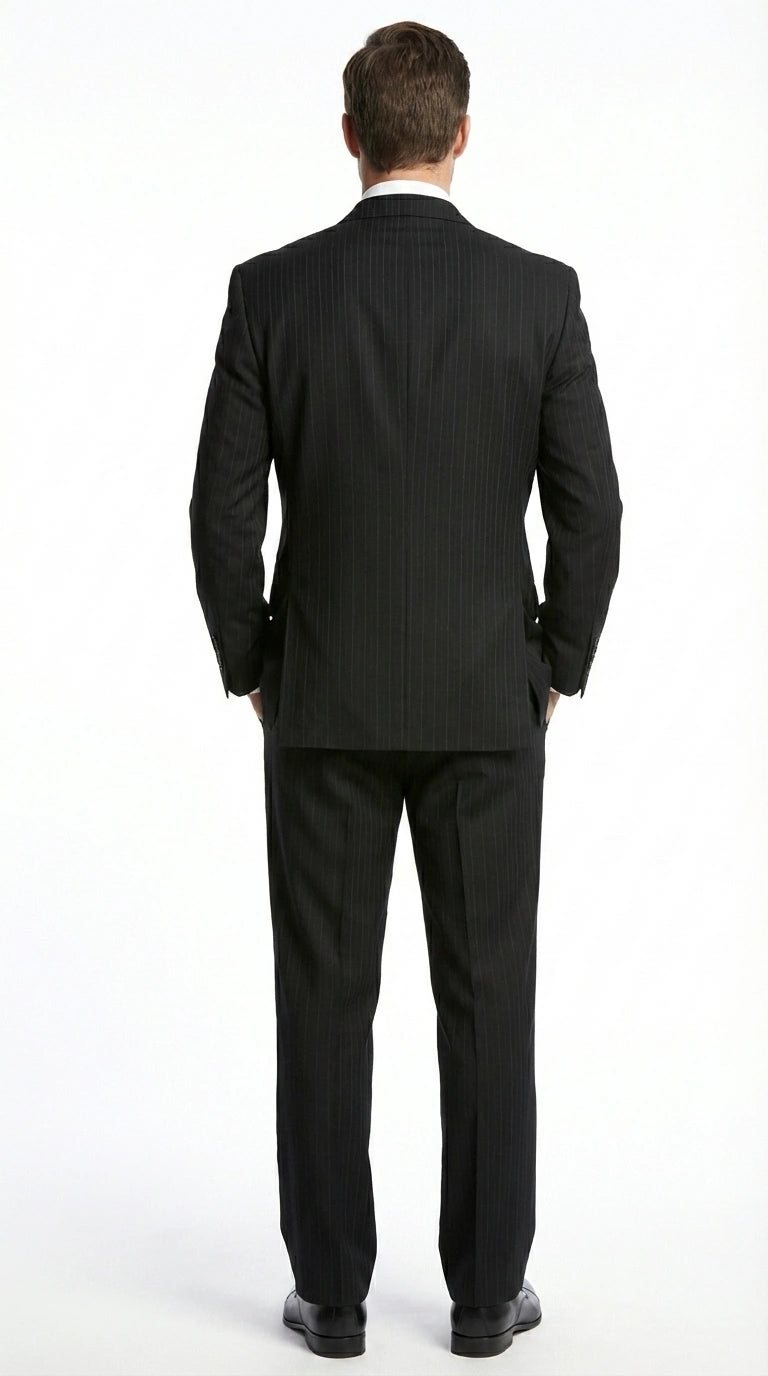 Men’s Black Pinstripe Double Breasted Suit – Peak Lapel Classic Fit Formal Business Conservative settle stripe
