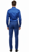 Men's royal blue satin dress shirt. Long sleeves, classic collar. Smooth, shiny satin material. Solid color, no patterns.
