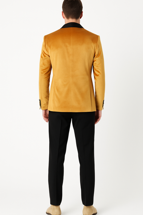 Men’s Mustard Gold Velvet Tuxedo Jacket – Slim Fit Dinner Blazer with Black Satin Shawl Lapel + Free Black Pants & Bowtie