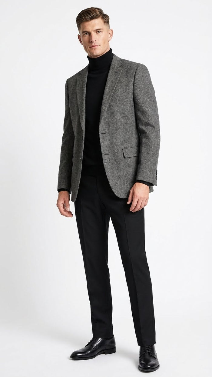 Men's grey tweed herringbone sport coat. Structured fit, notched lapel, two front pockets. Textured grey pattern. Paired with a black turtleneck.
