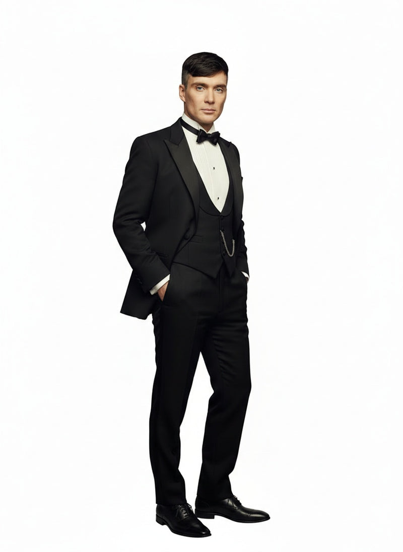 Mens Black Peaky Blinders Style Three-Piece Tuxedo Suit – Classic Formal Suit with Blazer and Waistcoat Peak Lapel 1920s Style