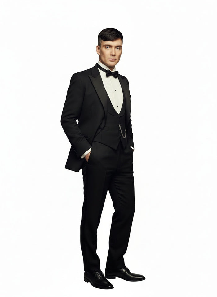 Mens Black Peaky Blinders Style Three-Piece Tuxedo Suit – Classic Formal Suit with Blazer and Waistcoat Peak Lapel 1920s Style