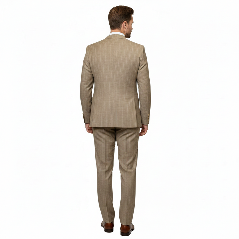 Men's beige pinstripe three-piece suit: tailored fit, structured lapels, double-vented back. Includes waistcoat and matching trousers with a subtle pinstripe pattern.
