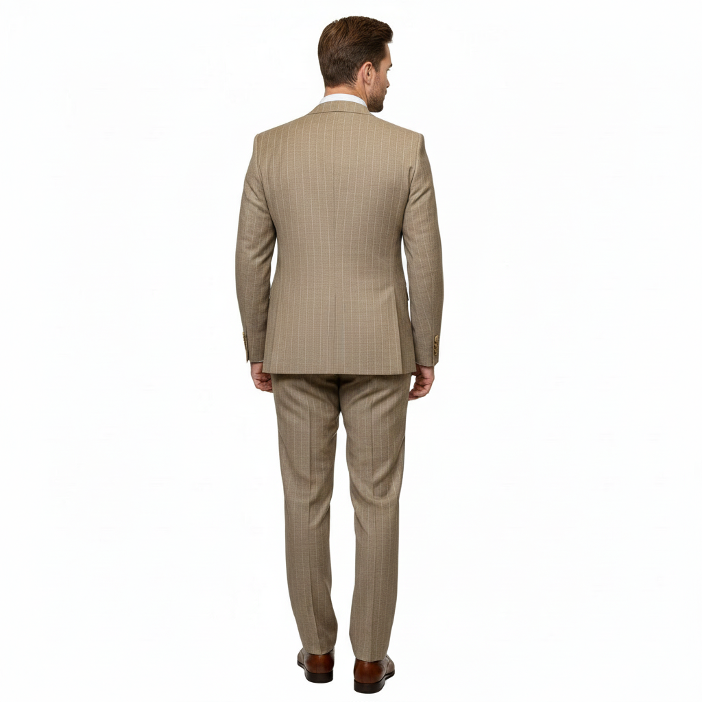 Men’s Beige Pinstripe Three-Piece Suit – Classic Fit Formal Suit with Vest and Flat-Front Pants in Tan Stripe By Rossiman