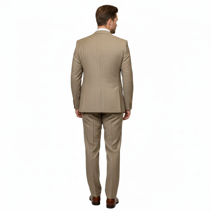 Men's beige pinstripe three-piece suit: tailored fit, structured lapels, double-vented back. Includes waistcoat and matching trousers with a subtle pinstripe pattern.
