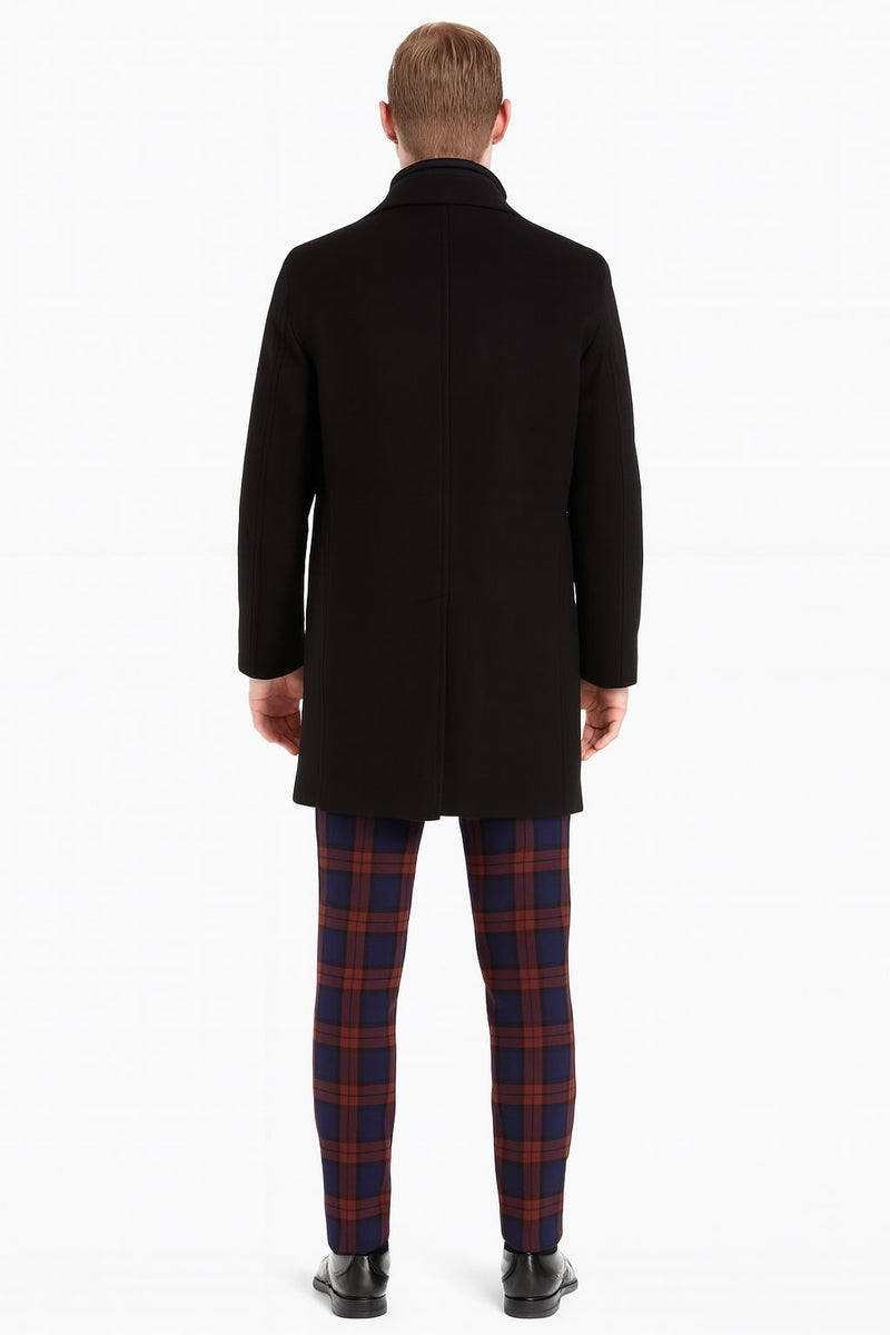 Men's black wool overcoat: classic single-breasted, high collar, clean back seam. Straight-cut silhouette. A timeless, versatile design.
