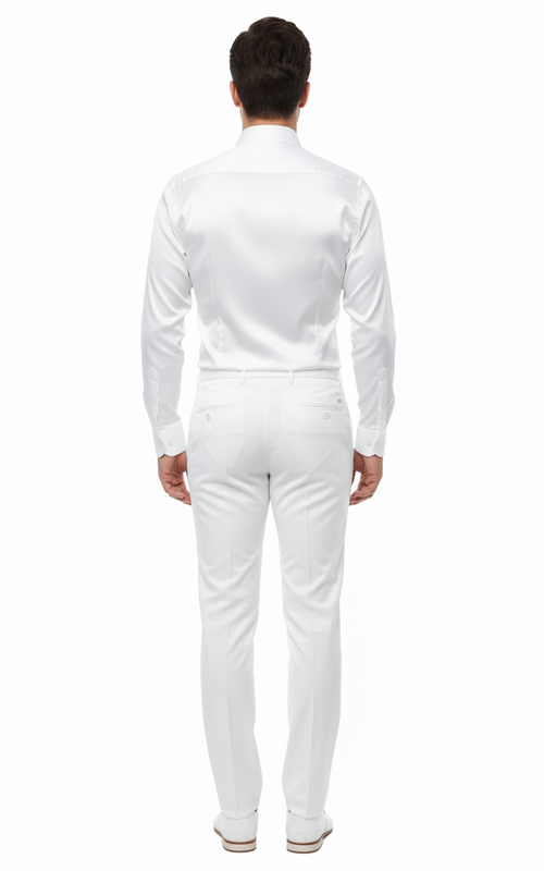 Men's white satin dress shirt: long sleeves, smooth shiny surface. Standard collar, button cuffs. Solid white, classic and elegant.
