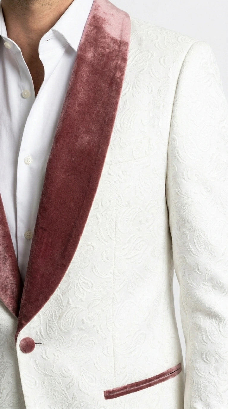Men’s Ivory and Rose gold Floral Blazer – Elegant Shawl Lapel Formal Blazer Jacket for Wedding, Party, Prom