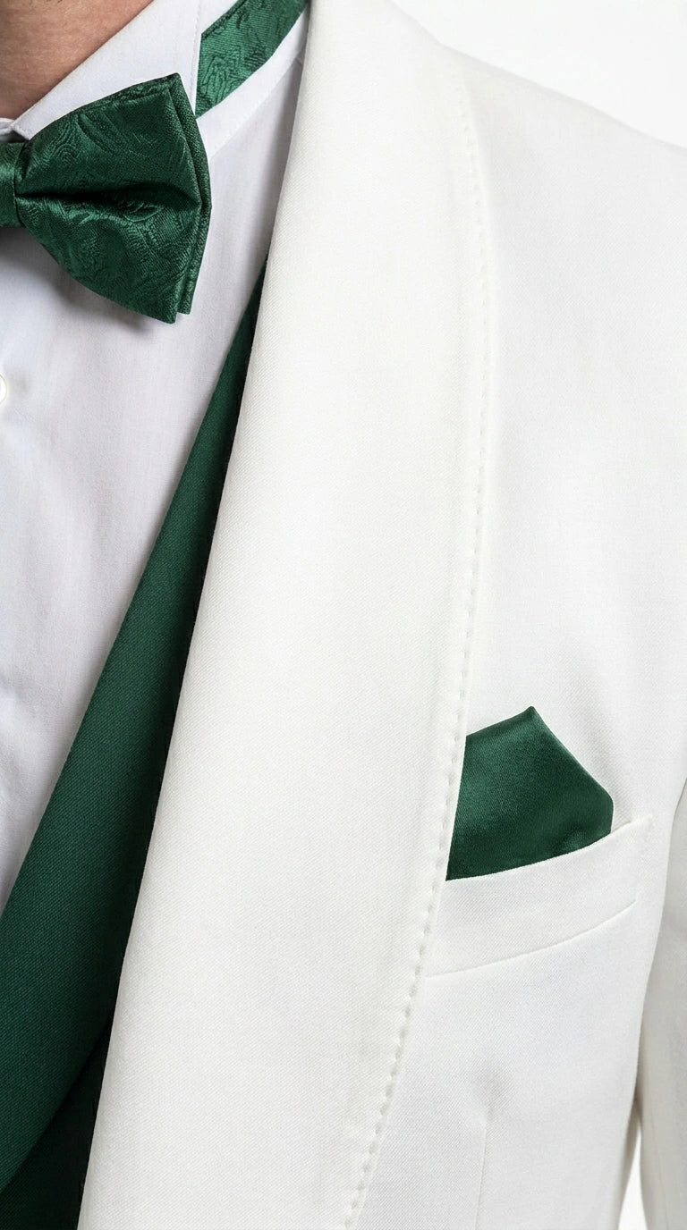 Men’s White and Hunter Green 3 Piece Suit – Elegant Formal Suit with Vest, Wedding Tuxedo Suit for Prom and Party Wear