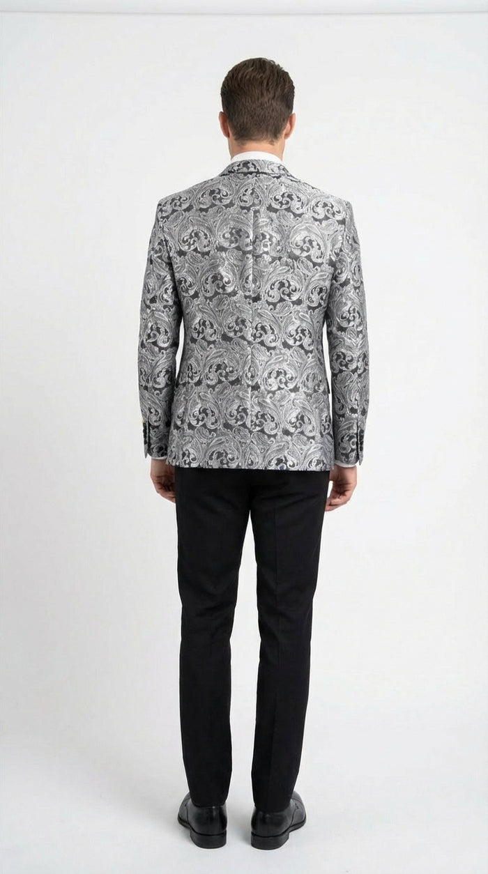 Mens Silver and Black Paisley Prom Blazer Jacket | Printed Formal Evening Tuxedo Blazer + Free Matching Bow Tie