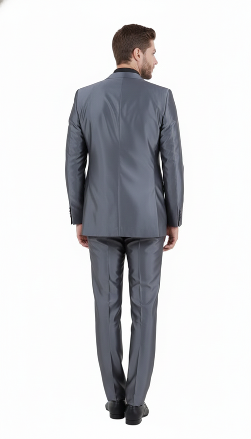 Men's dark grey, shiny two-piece suit. Slim-fit jacket with notch collar and back seam. Tapered, tailored pants. Smooth, light-reflecting material for a sleek, formal look.
