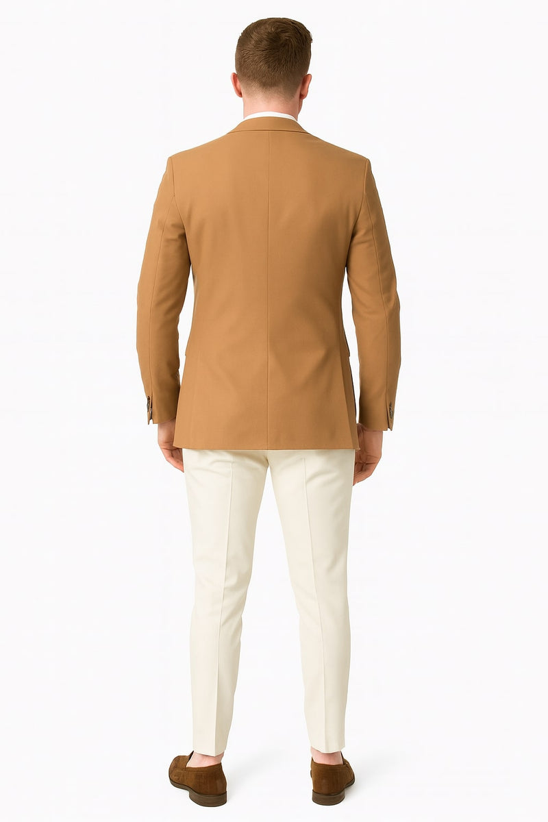 Camel brown, rust-tinged, two-button sport coat. Classic fit, tailored silhouette with structured shoulders. Smooth, likely polyester blend fabric. Plain back, side vents, buttoned cuffs. Modern design.
