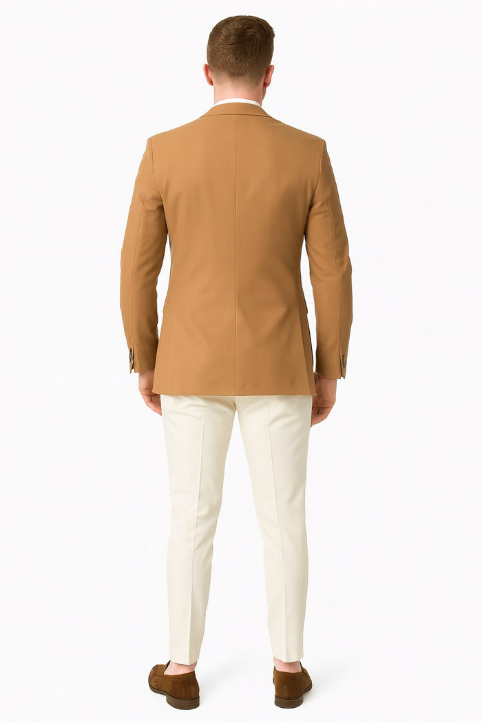 Camel brown, rust-tinged, two-button sport coat. Classic fit, tailored silhouette with structured shoulders. Smooth, likely polyester blend fabric. Plain back, side vents, buttoned cuffs. Modern design.
