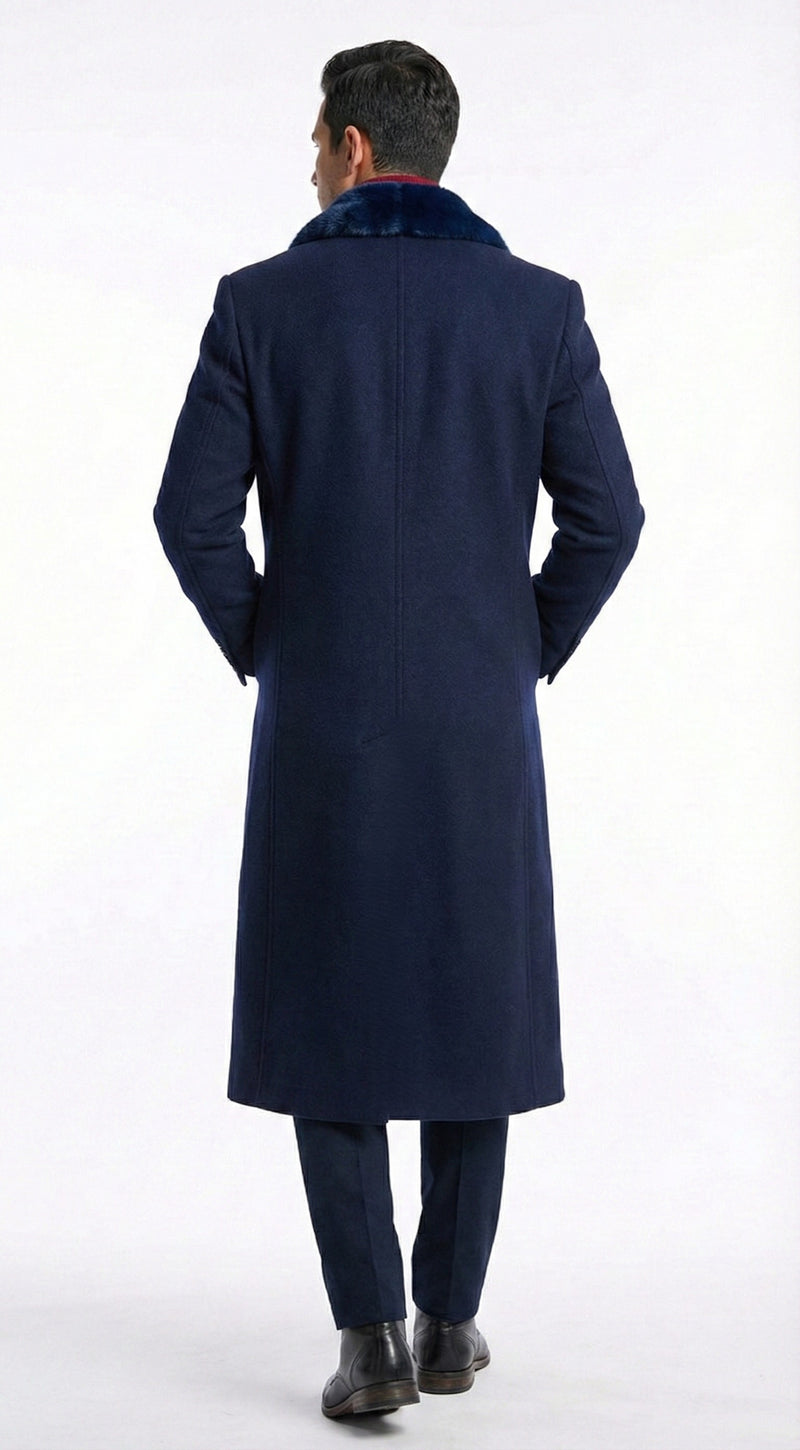 Mens Dark Navy Blue Long Overcoat with Faux Fur Collar, Classic Winter Dress Coat for Formal