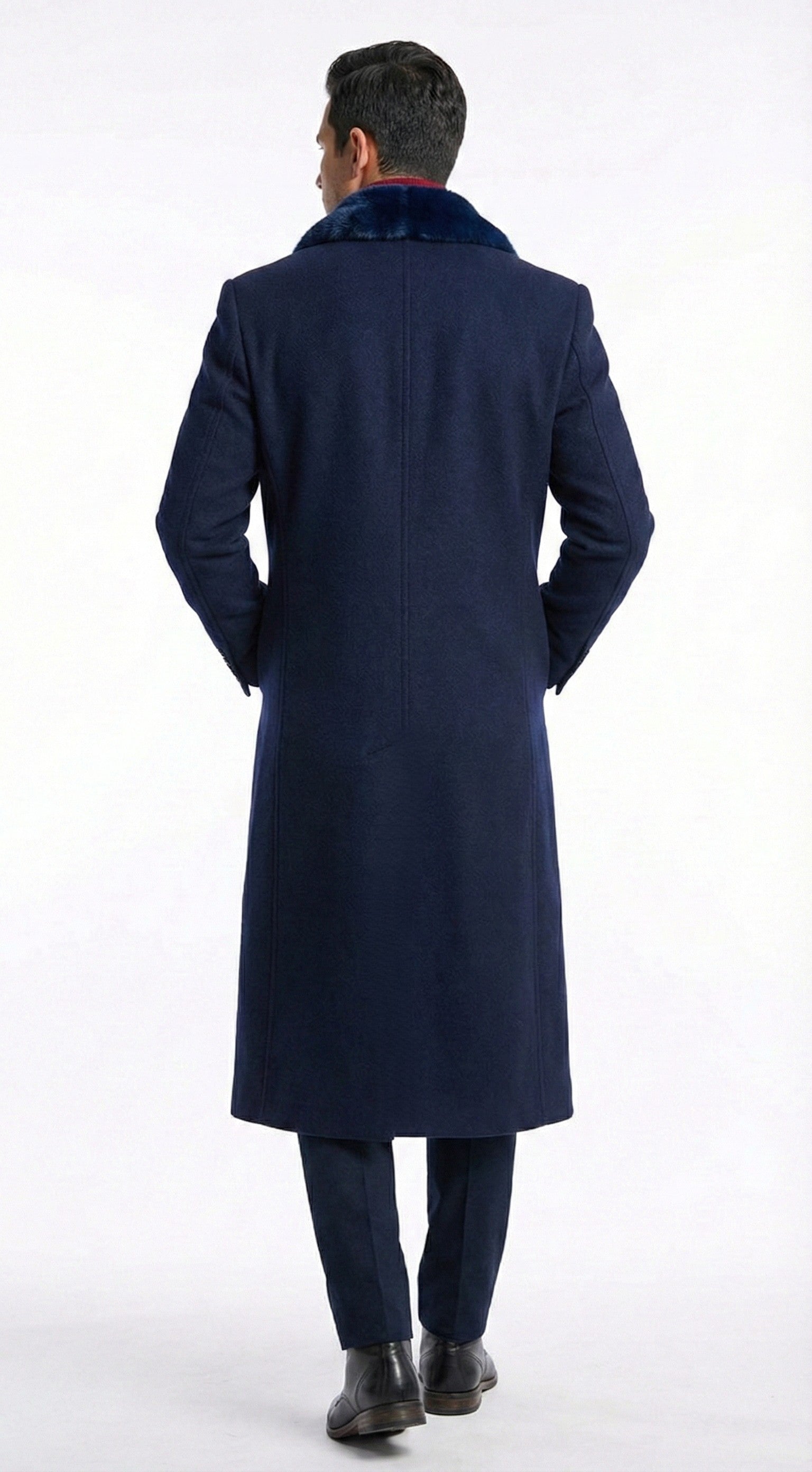 Menâ€™s Dark Navy Blue Long Overcoat with Faux Fur Collar, Classic Winter Dress Coat for Formal
