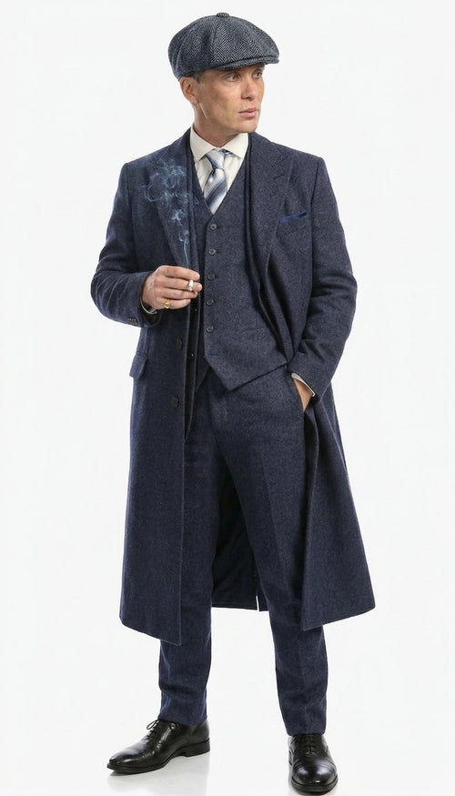 Men’s Navy Blue Herringbone Tweed  1920s 3 Piece Suit with Overcoat – Vintage Peaky Blinder Style Formal Suit Set with Blazer, Waistcoat + Overcoat + Hat