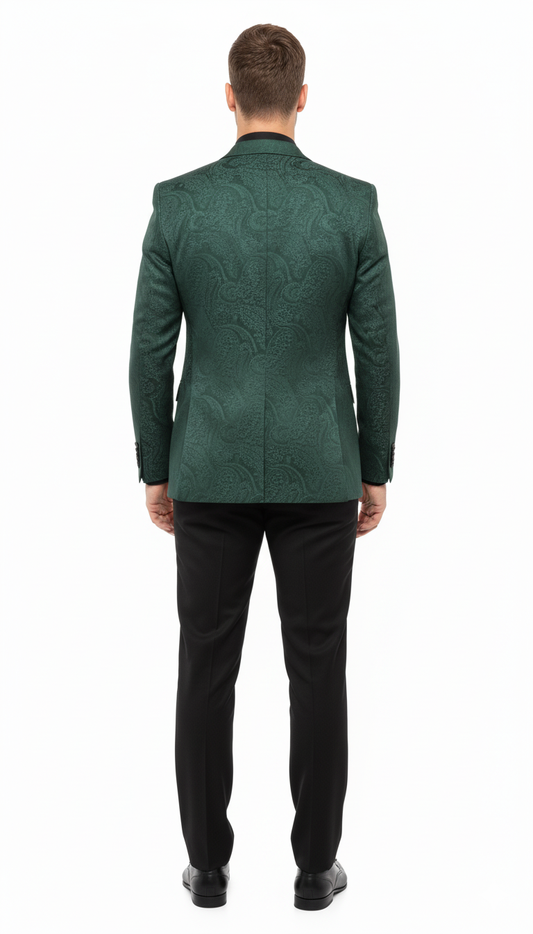 Men's emerald green paisley tuxedo 3-piece suit with slim-fit blazer, vest, and pants. Textured paisley blazer paired with solid black pants for a formal look.