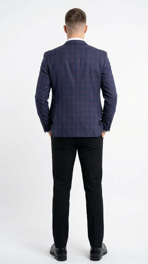 Navy blue and burgundy plaid big and tall jacket. Structured shoulders, single back vent, and long sleeves. Textured fabric with tailored seams for a comfortable fit.
