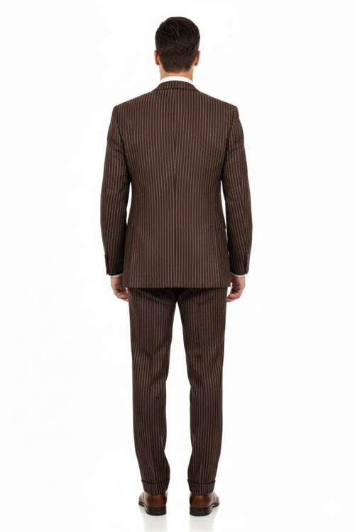 Men’s Brown Pinstripe 3-Piece Suits – Classic Business and Formal Wear with Vest