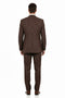 Men's tailored brown pinstripe 3-piece suit. Features fitted jacket, trousers, and vest. Dark and light brown stripes offer a classic, sophisticated look.