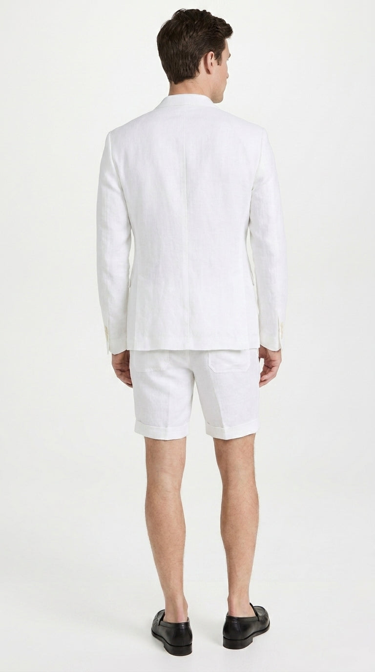 Men’s White Summer Suit with Shorts, 2 Piece Linen Style Wedding Beach Short Suit Set double breasted style