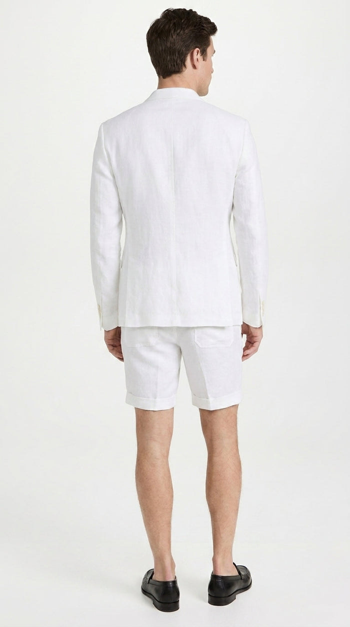 Men’s White Summer Suit with Shorts, 2 Piece Linen Style Wedding Beach Short Suit Set double breasted style
