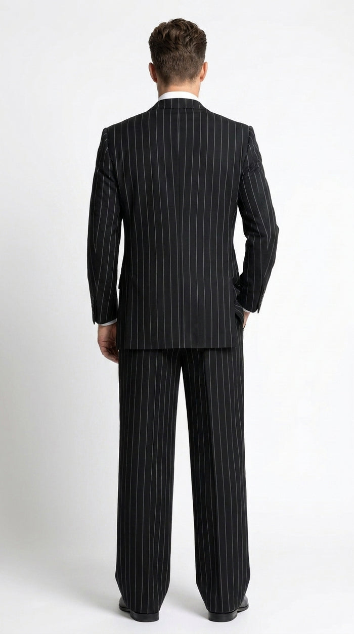 Men’s Black Pinstripe 3-Piece Suit Wool Suit  – Classic Fit Single Button Suit with Wide Leg Pleated Pants By Tiglio Russo