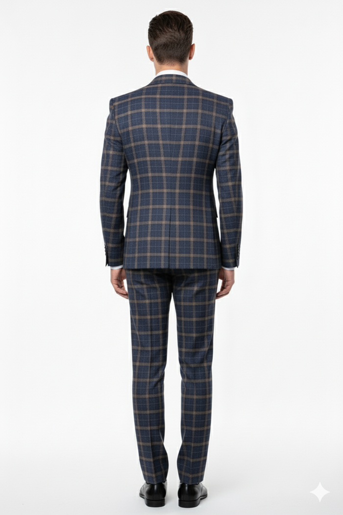 Alberto Nardoni men's double-breasted suit in camel bronze khaki. Tailored fit, structured silhouette with visible plaid. Features a double-breasted front, notched lapels, and matching trousers. Blends camel, bronze, and khaki.
