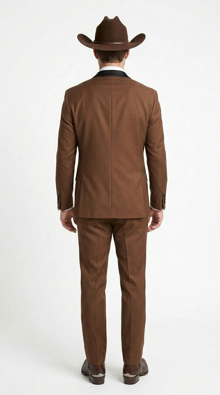 Men’s Light Brown Western Tuxedo 3 Piece Suit with Black Peak Collar Lapel, Country Look Cowboy Suit