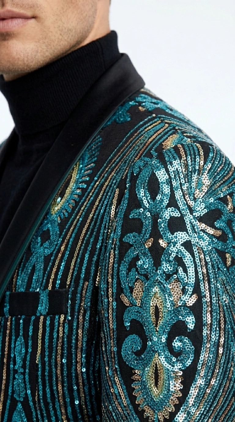 Men’s Black and Turquoise Blue With teal green Sequin Dinner Jacket, Formal Prom Wedding Paisley Floral Mardi Gra Pattern