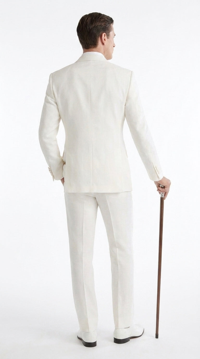 Men’s Ivory Double-Breasted Tuxedo – Vintage Wedding, Prom and Black-Tie Formal Suit off white cream
