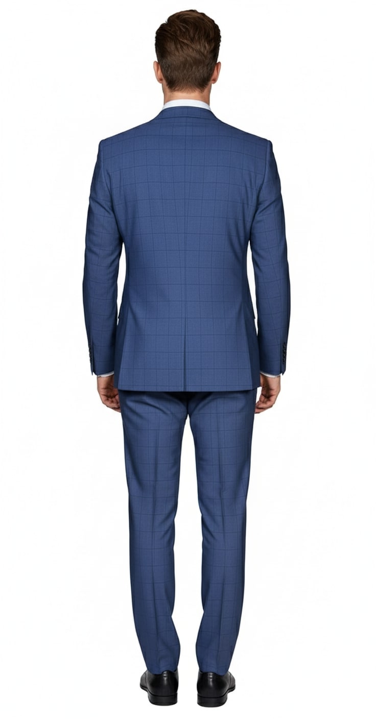 Men's indigo navy suit, back view. Smooth fabric, windowpane check. Classic two-piece design: structured jacket and tailored pants.
