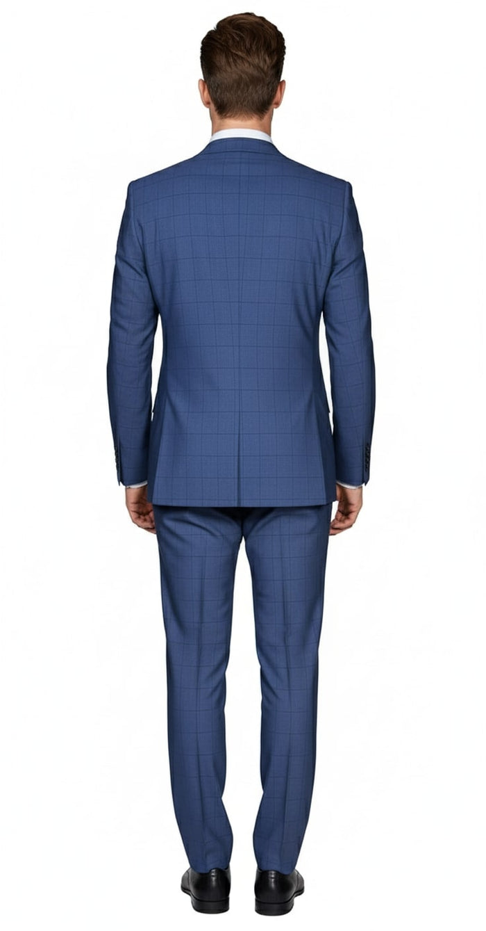 Men's indigo navy suit, back view. Smooth fabric, windowpane check. Classic two-piece design: structured jacket and tailored pants.

